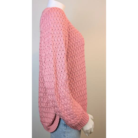 Venus Sweater Large Pink Pointelle Basket Weave Knit Pullover Side Snap Curved - Picture 4 of 10